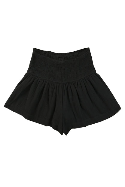 Black Basic Smocked High Waist Ruffle Shorts