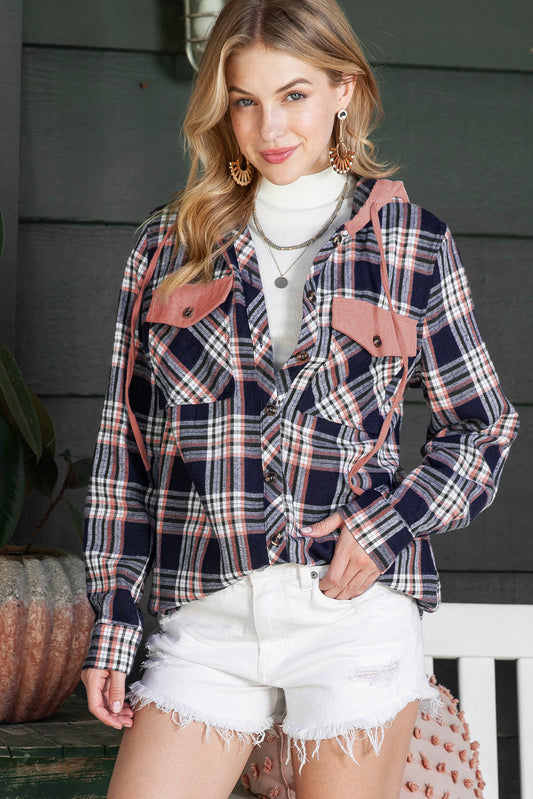 Wholesale Pink Plaid Contrast Hooded Drawstring Shacket