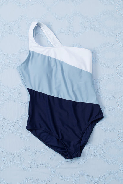 Light Blue Color Block Backless Asymmetric One Piece Swimsuit