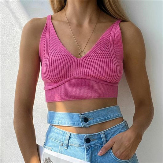 Casual Off Shoulder Low Cut Slim Fit Knit Solid Tank Top