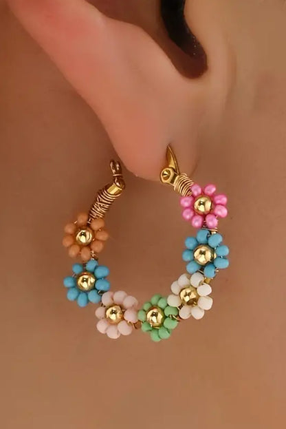 Pink Contrast Beaded Flowers Round Shape Dropping Earrings