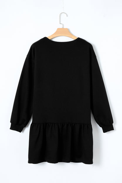 Black Solid Color Puff Sleeve Ruffle Hem Mini Dress