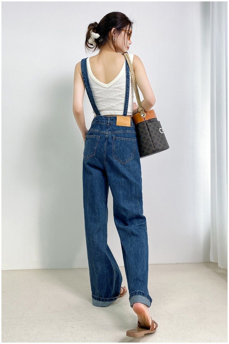 Women's Metal Buckle Versatile Asymmetric Small Waist Bag Denim Suspender Pants