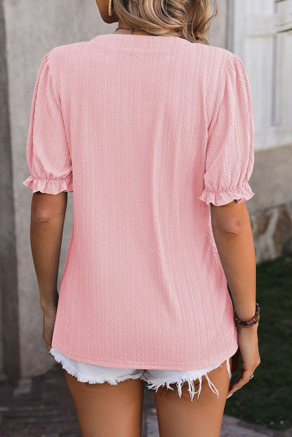 Light Pink Texture Notched Neck Frill Puff Sleeve Blouse