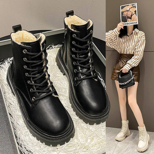 Square Heel Round Head Solid Color British Style Retro Casual Platform Women's Boots