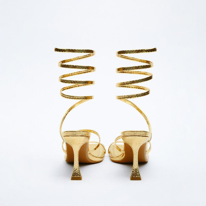 Women's Shoes Black Gold Spiral Strap Fashion High Heel