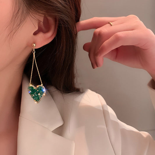 Silver Stud Rhinestone-encrusted Emerald Crystal Love Heart Earrings