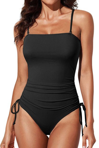 Navy Blue Side Drawstring Cutout Ribbed One Piece Swimsuit