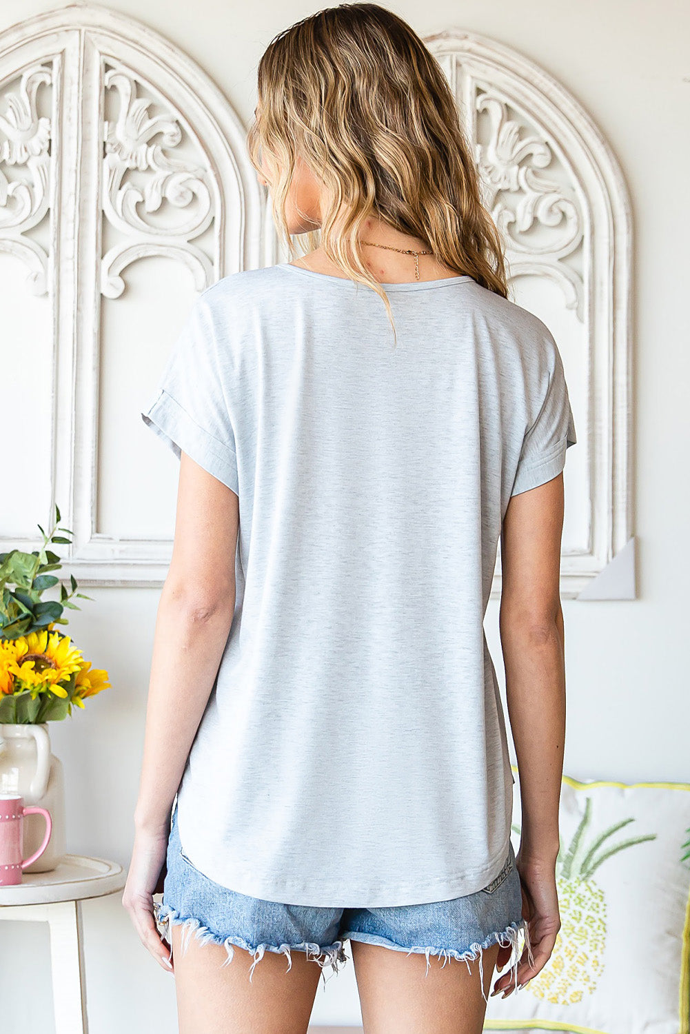 Grey V Neck Casual Buttoned Detail T-Shirt