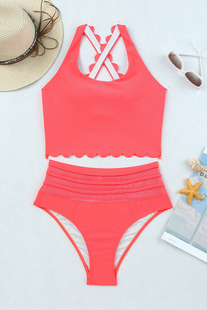 Pink Scalloped Sleeveless High Waisted Two Piece Swimsuit