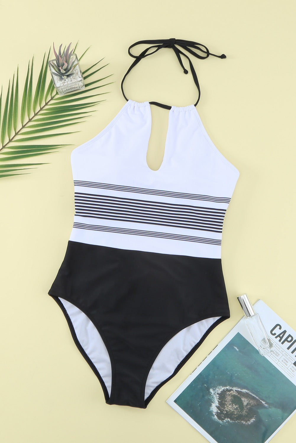 White Striped Backless Cut Out Halter One Piece Swimsuit