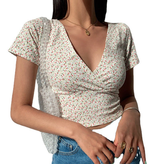 Retro Style Floral Cross V-neck Slim Short Cropped Short-sleeved T-shirt Blouse