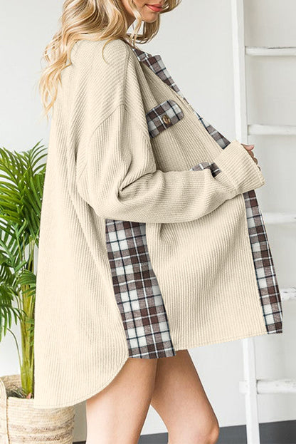 Apricot Plaid and Thermal Waffle Patchwork Shacket