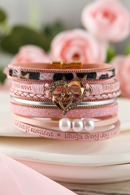 Pink Leopard Letter Print Heart Shaped Magnetic Buckle Bracelet