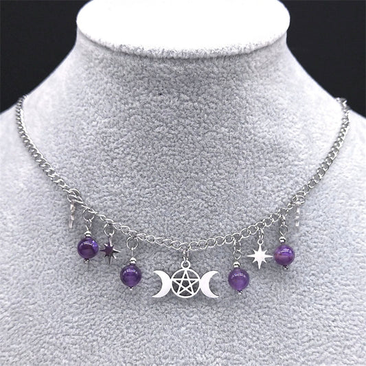 Triple Moon Goddess Five-pointed Star Necklace Stainless Steel