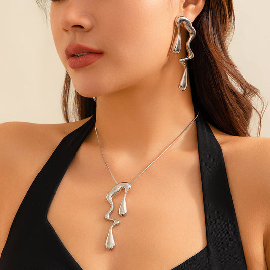 Liquid Design Metallic Irregular Water Drop Necklace Earrings