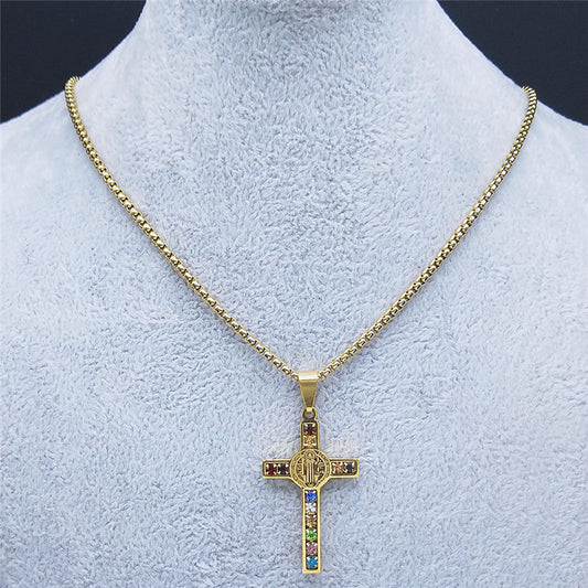St Benedict Crystal St Pendant Cross Stainless Steel Necklace